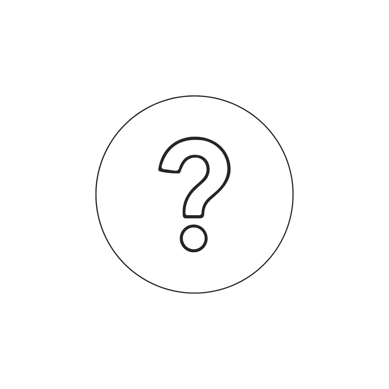 Black question mark centered inside a thin black circle on a white background.